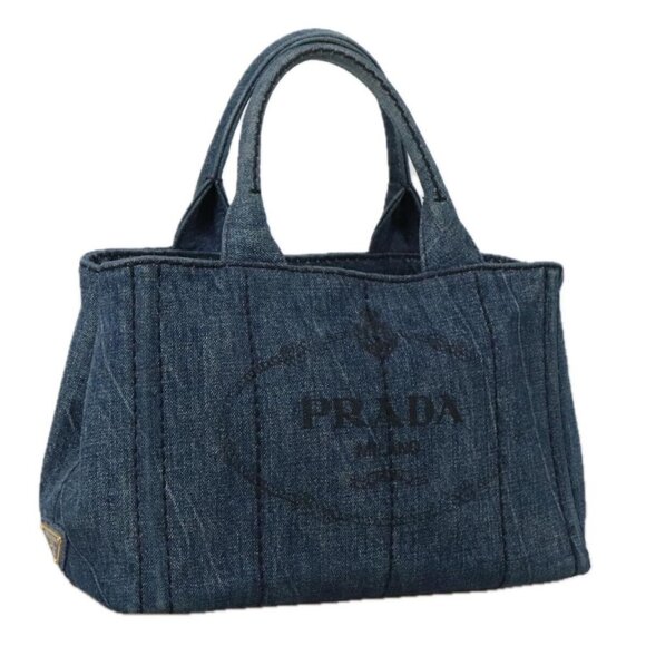 PRADA Canapa PM Hand Bag Denim Blue Gold Auth - Picture 1 of 15